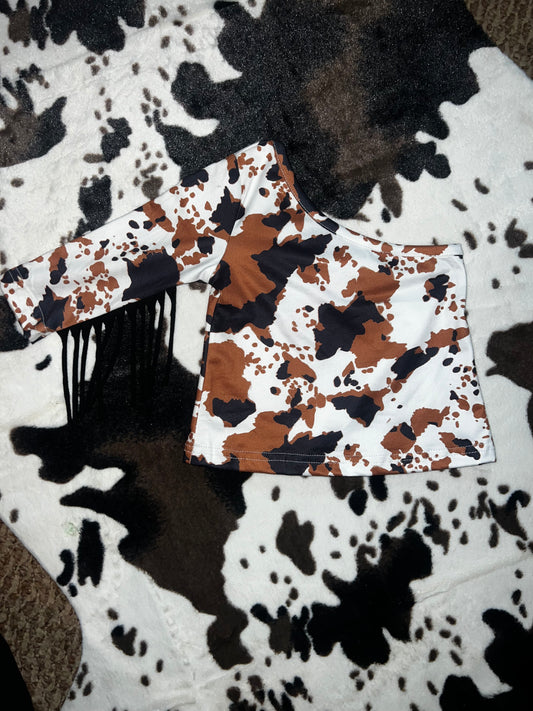 GIRLS fringe cowprint top