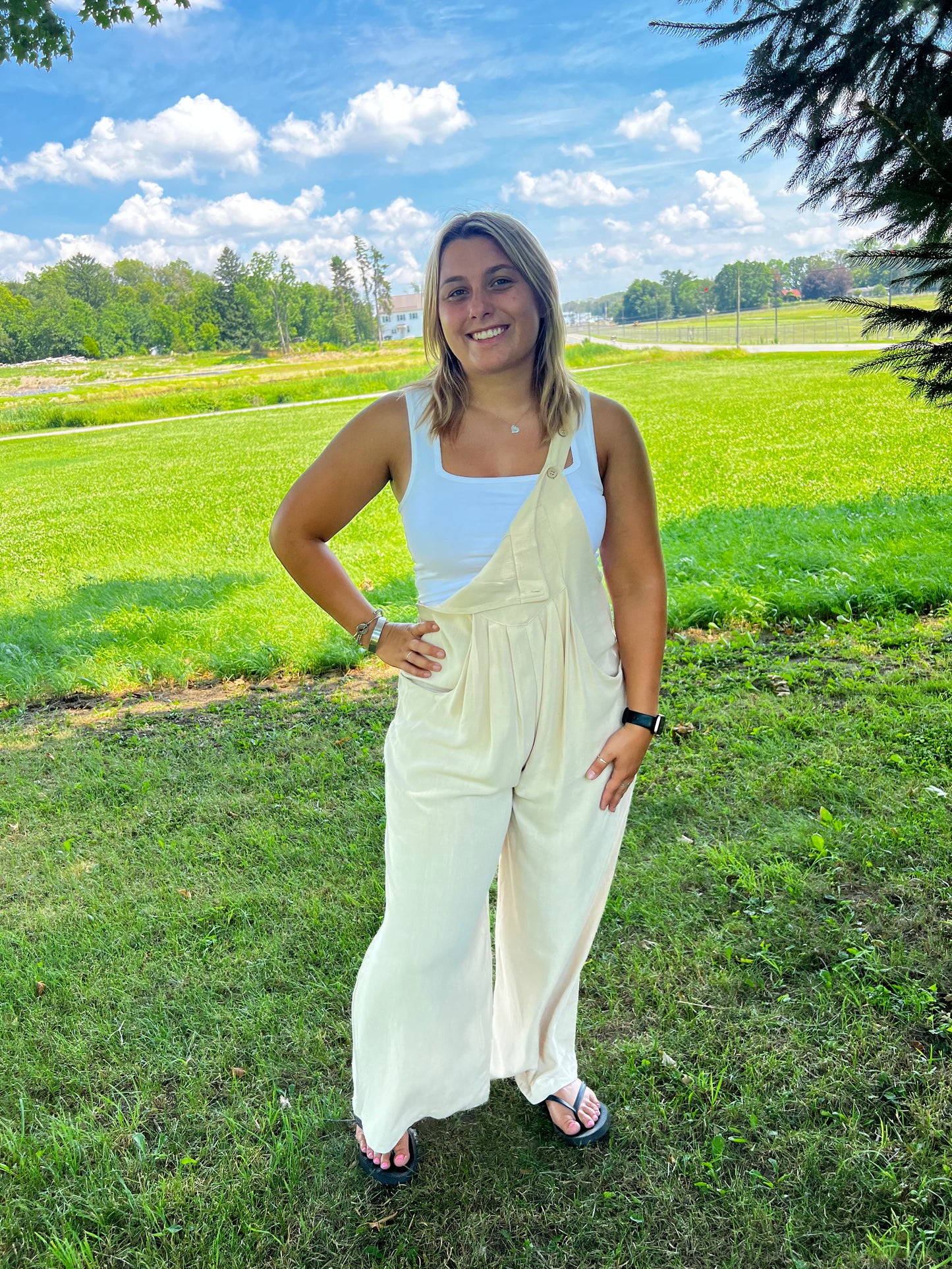 cream overalls