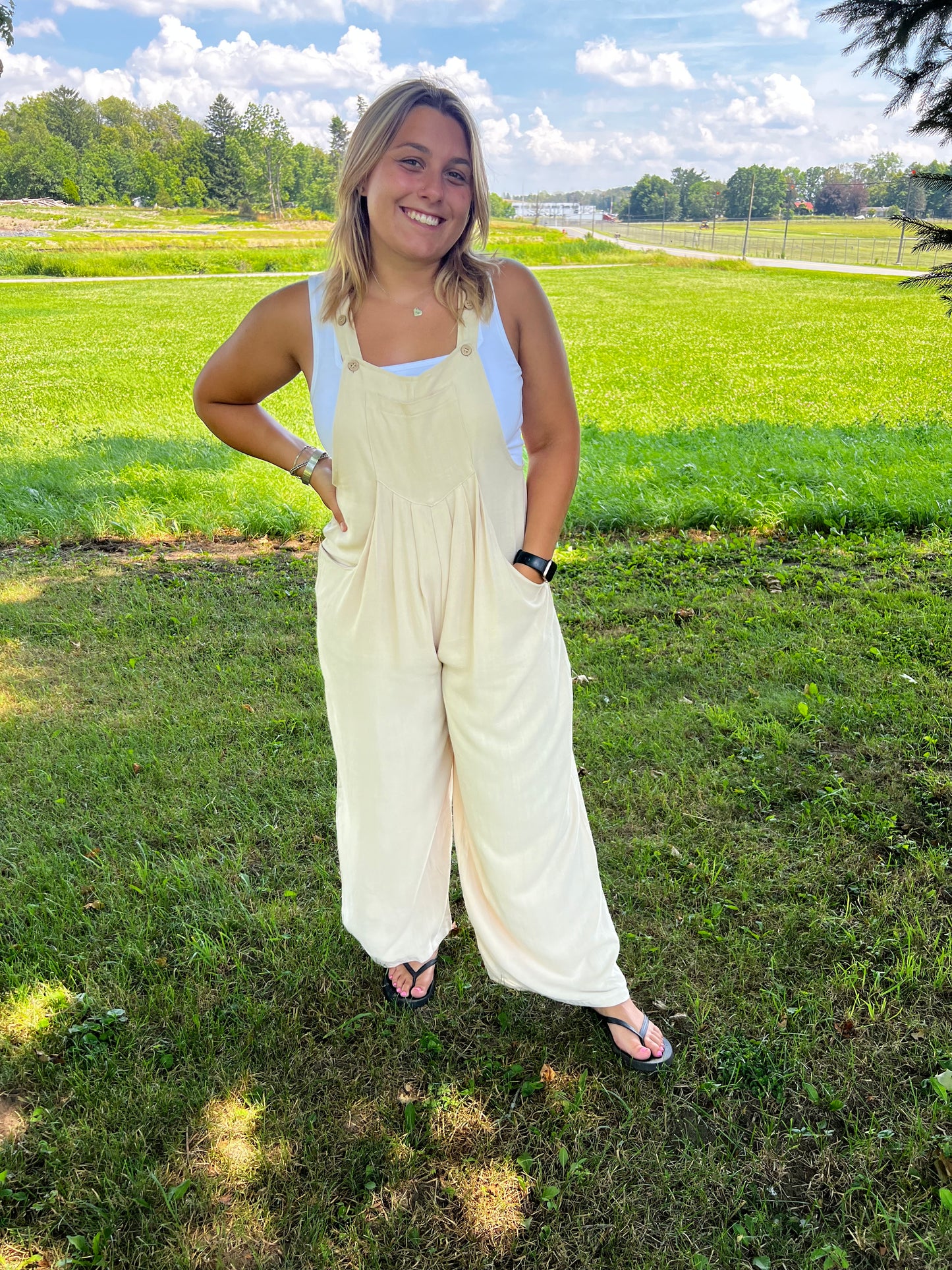 cream overalls