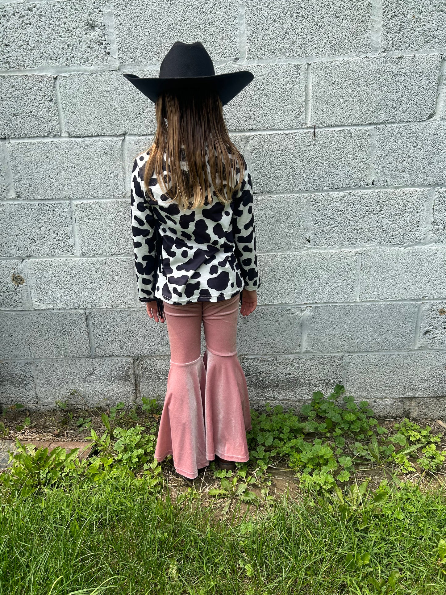 GIRLS fringe cow print w/ bell bottoms