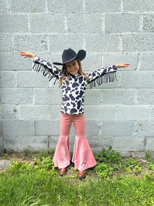 GIRLS fringe cow print w/ bell bottoms