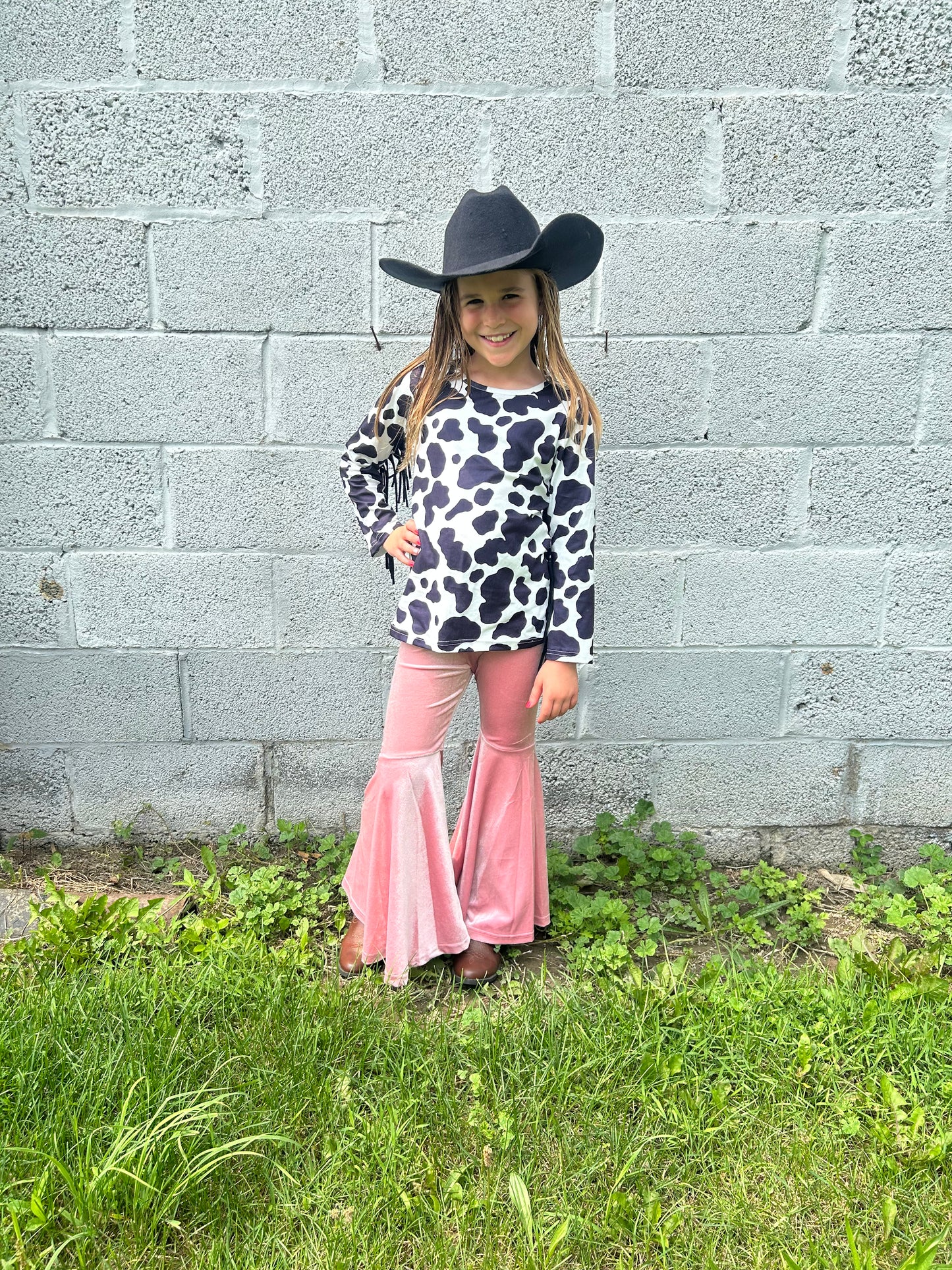 GIRLS fringe cow print w/ bell bottoms
