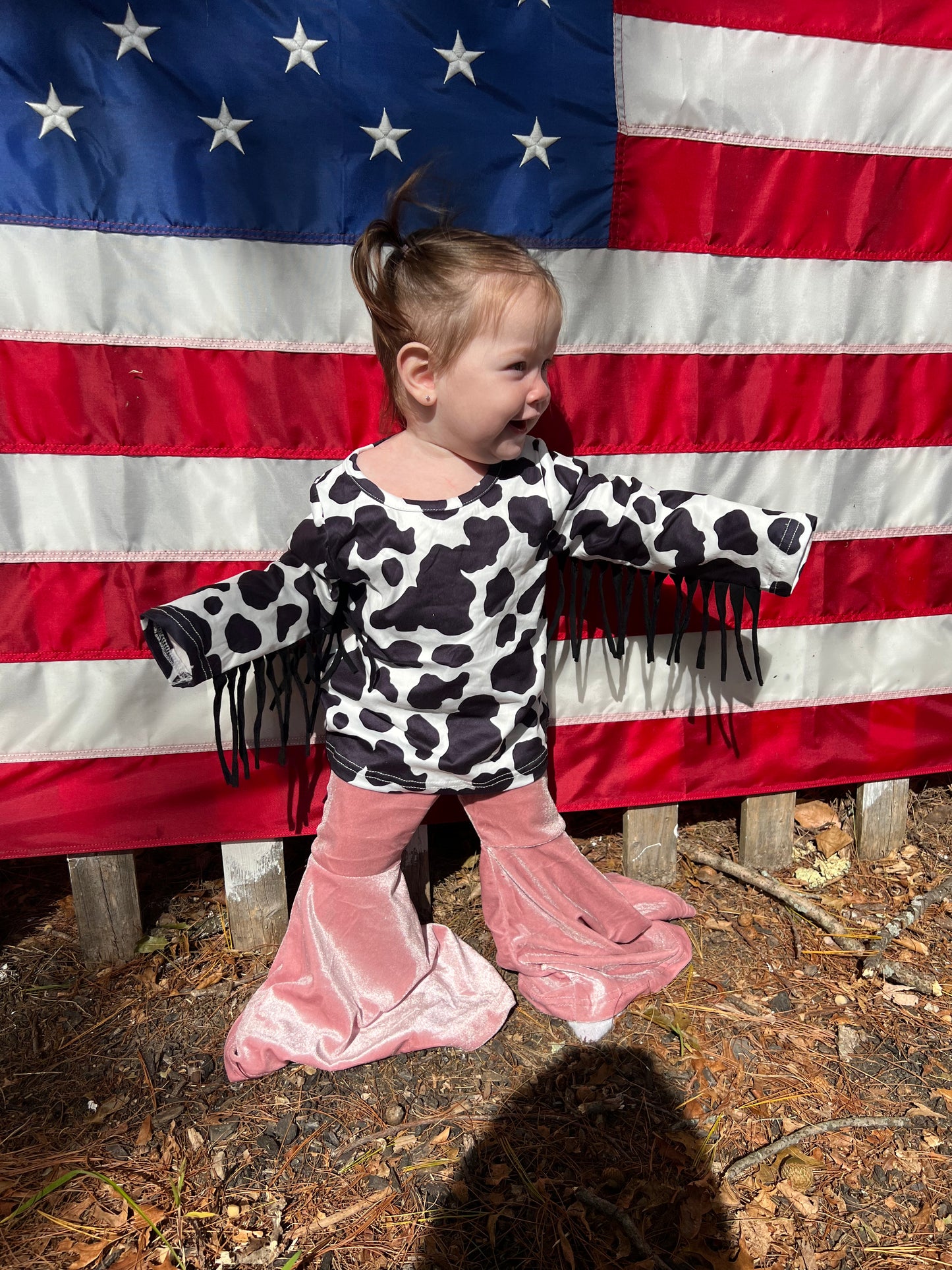 GIRLS fringe cow print w/ bell bottoms