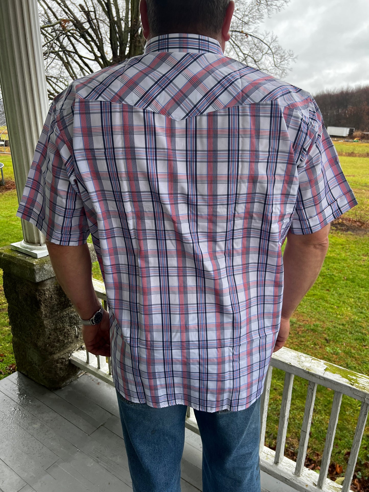 MENS red & blue pearl snap shirt