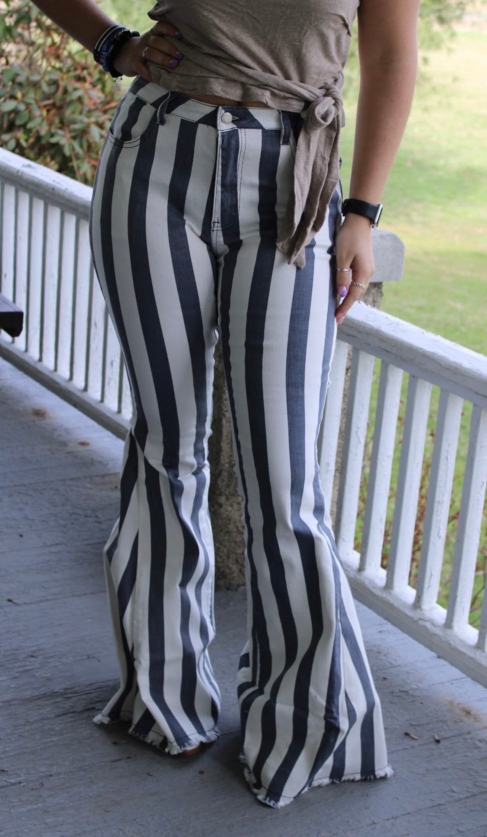 Grey & white striped bell bottoms