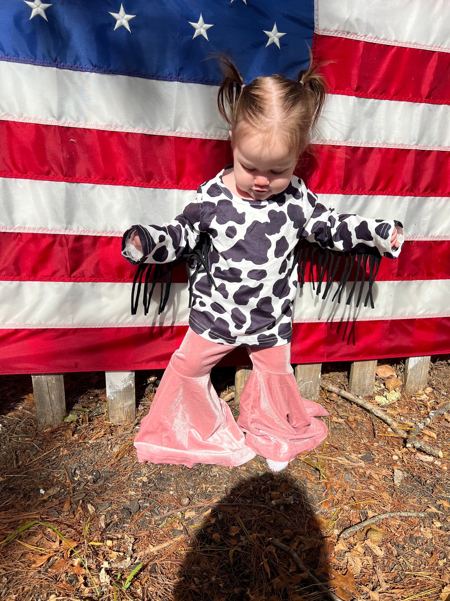GIRLS fringe cow print w/ bell bottoms