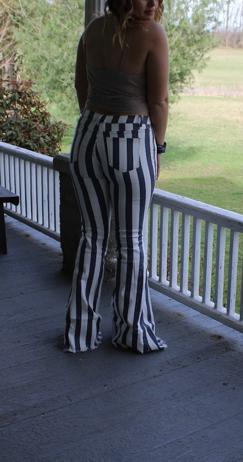 Grey & white striped bell bottoms