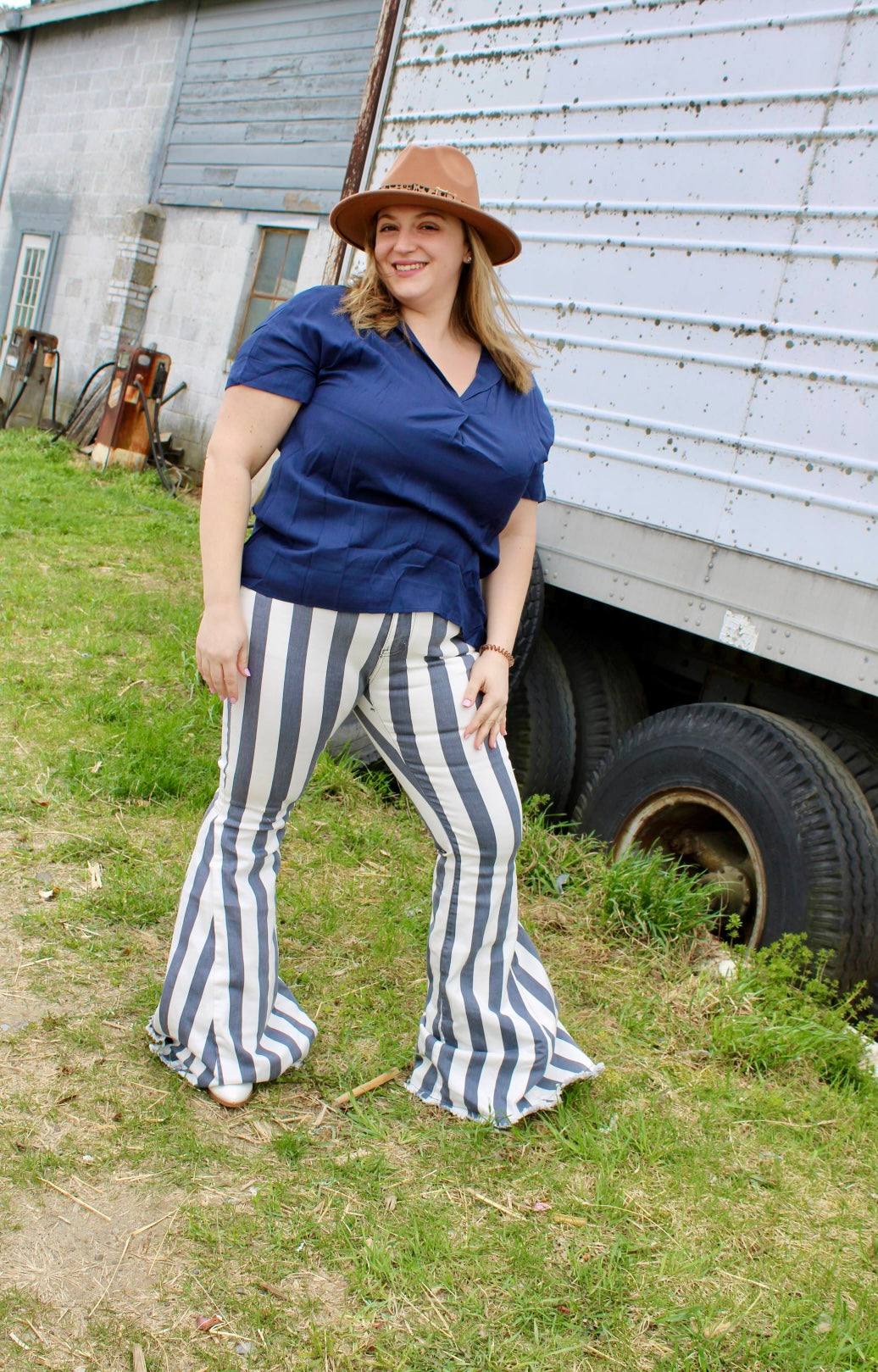 Grey & white striped bell bottoms