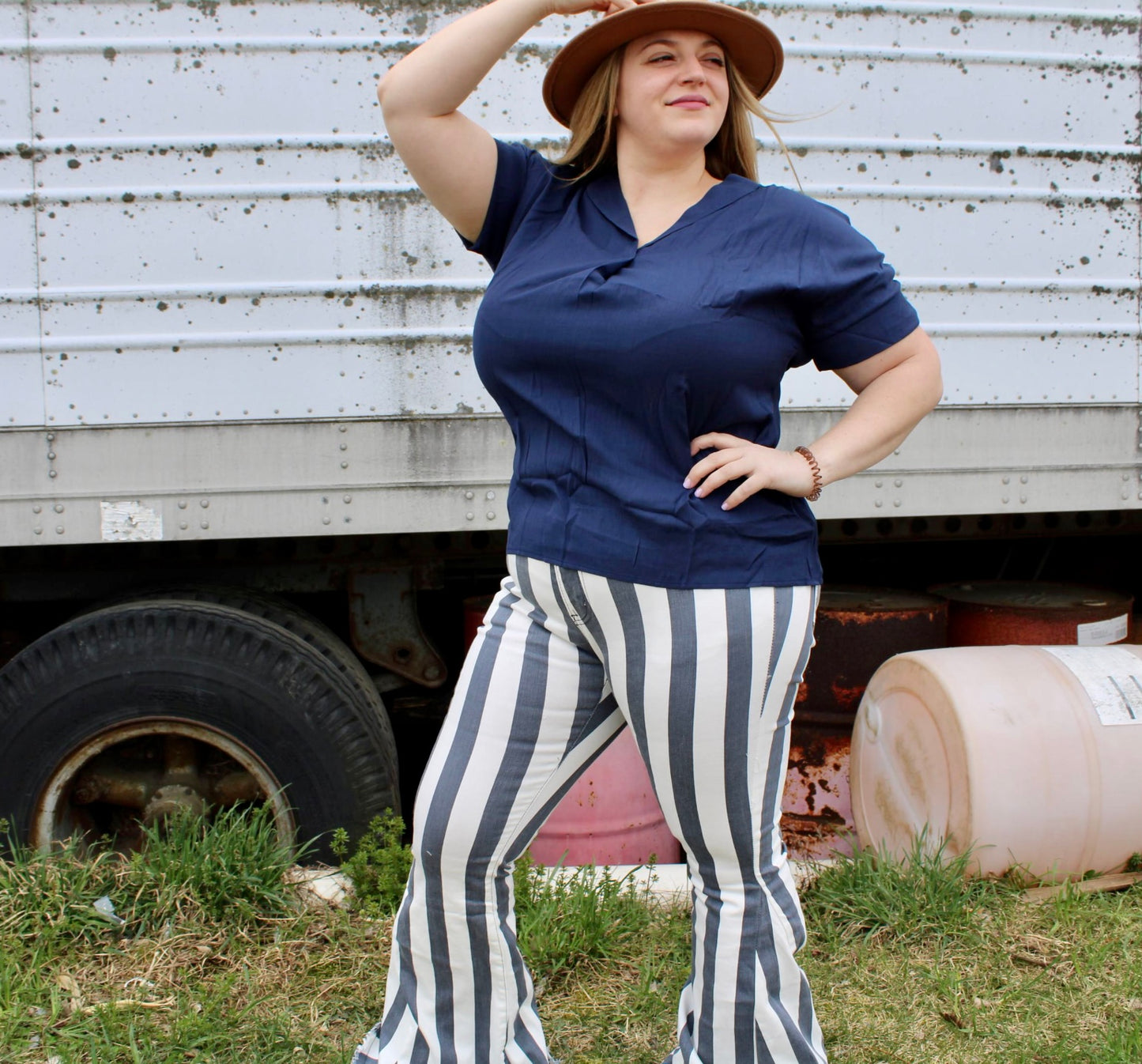 Grey & white striped bell bottoms