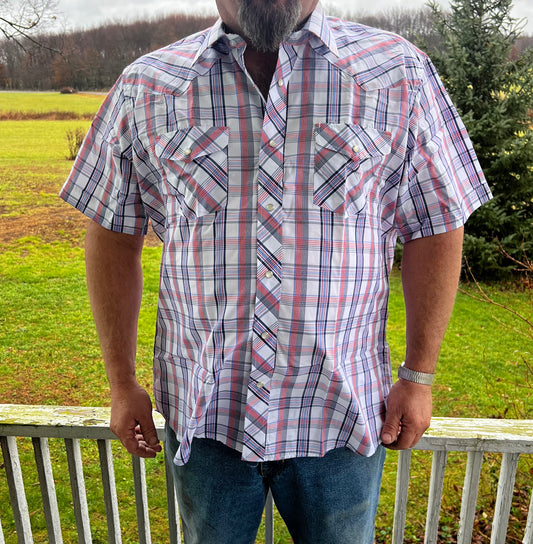 MENS red & blue pearl snap shirt