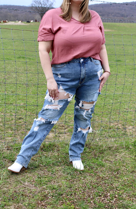 PLUS size high rise destroyed jeans