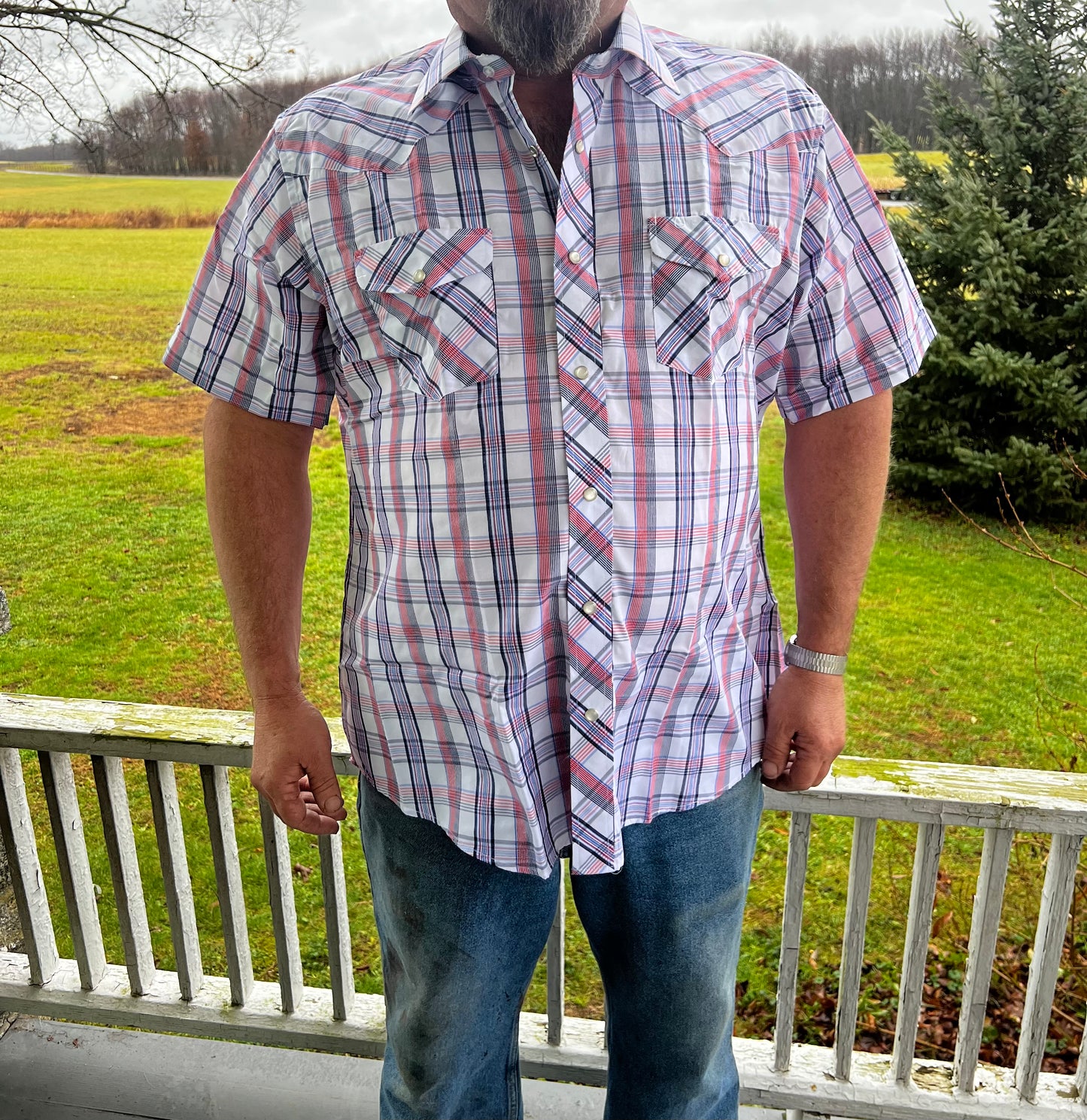 MENS red & blue pearl snap shirt