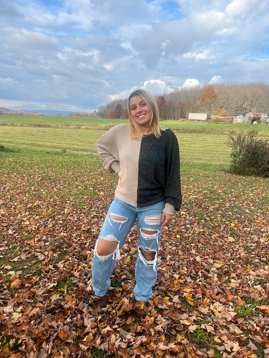 Cream & black block knit sweater