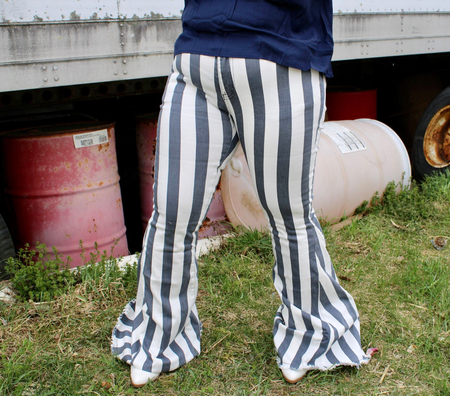 Grey & white striped bell bottoms