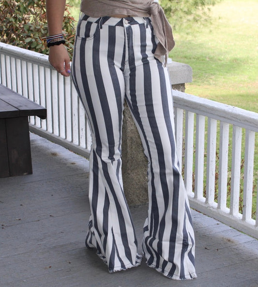 Grey & white striped bell bottoms