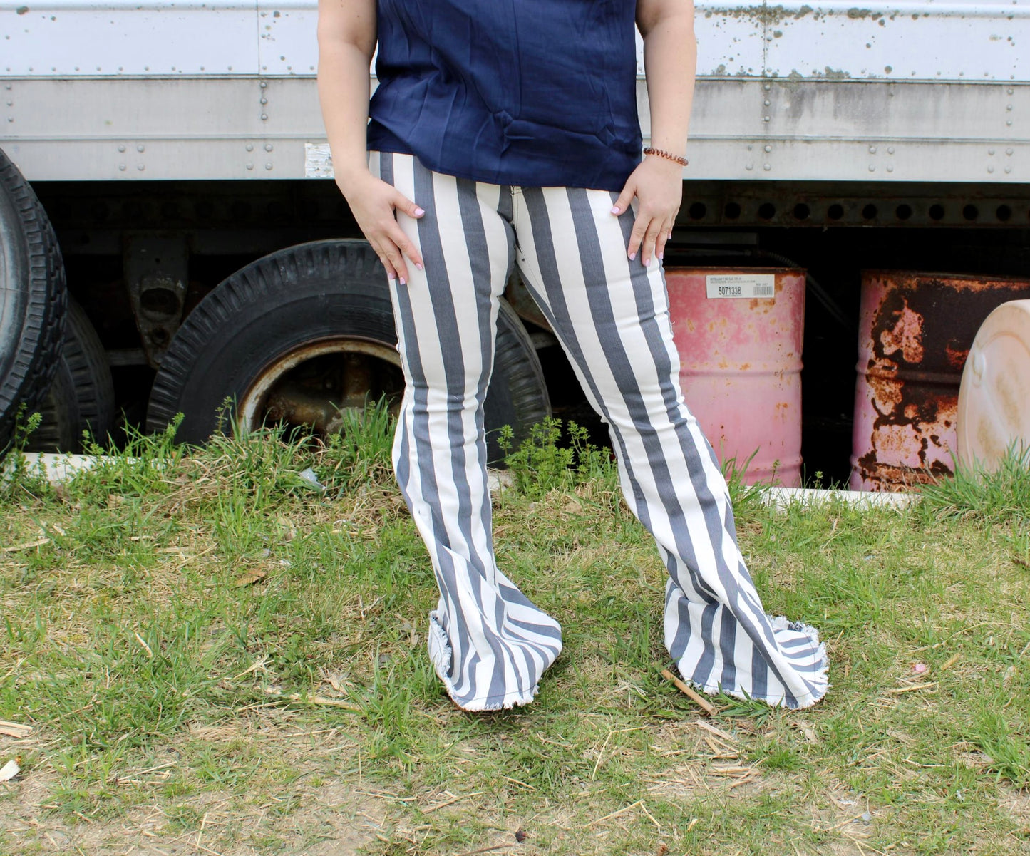 Grey & white striped bell bottoms