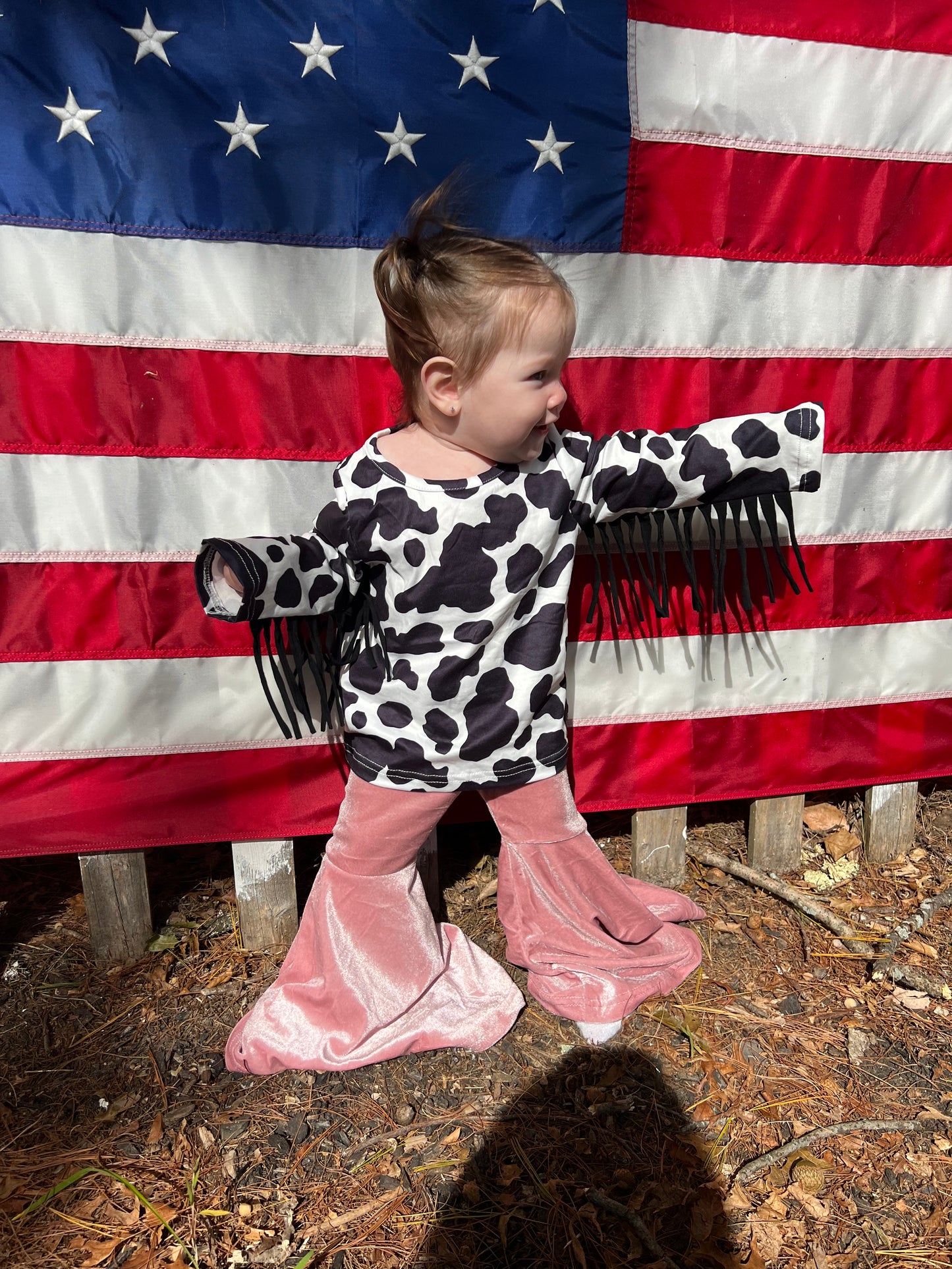 GIRLS fringe cow print w/ bell bottoms